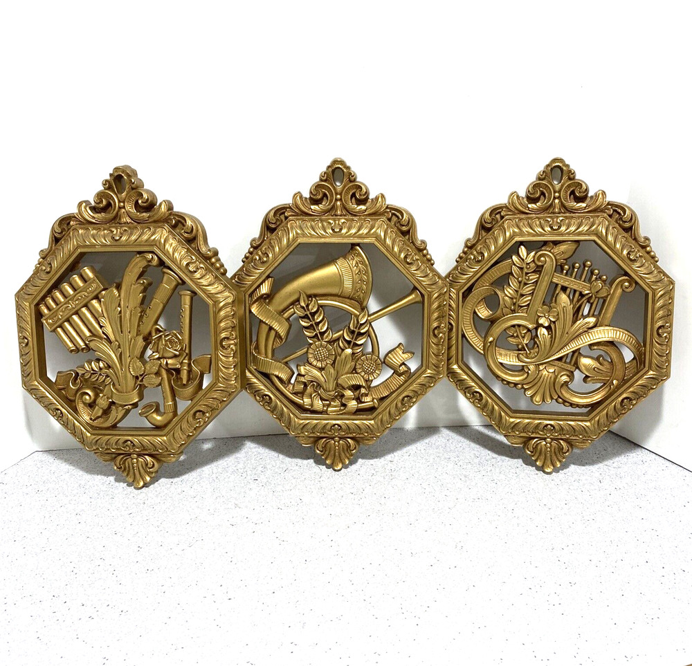 Homeco 1976 golden faux carved wood wall hangings set of 3 plaques music motif